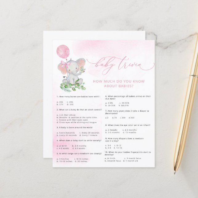 Cute Elephant Baby Shower Baby Trivia Game (Front/Back In Situ)