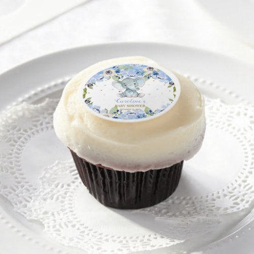 Cute Elephant Baby Shower Blue Floral Cupcake Edible Frosting Rounds