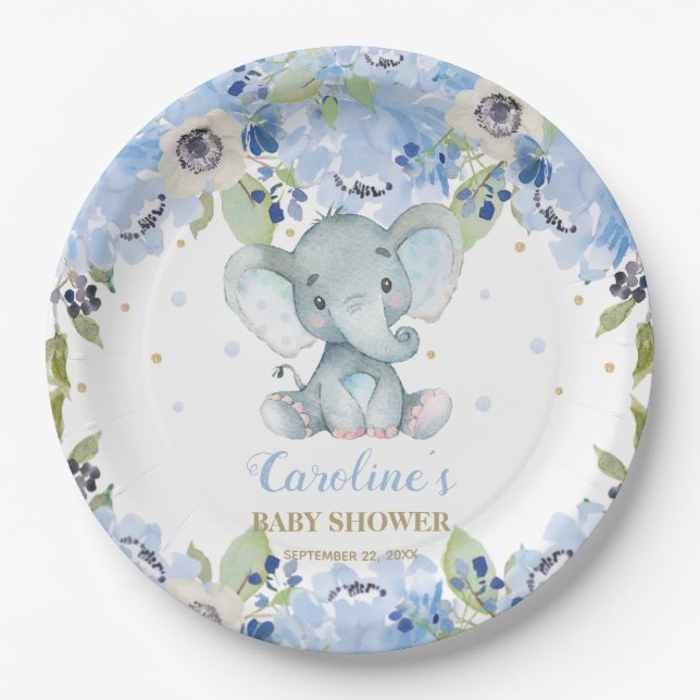 Cute Elephant Baby Shower Blue Floral  Paper Plates (Front)