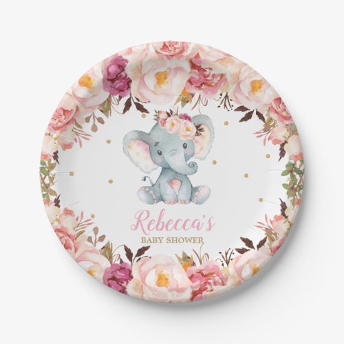 Cute Elephant Baby Shower Blush Floral Dessert 7 Paper Plates