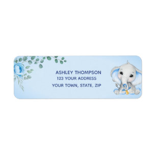 Cute Elephant Baby Shower Boy Blue Floral Address Label