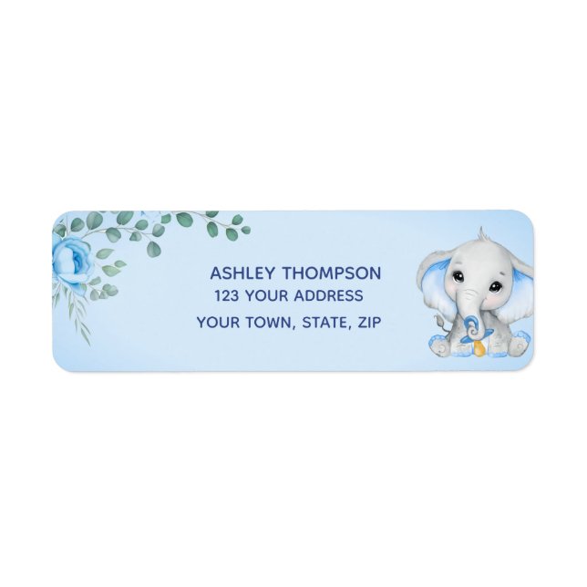 Cute Elephant Baby Shower Boy Blue Floral Address Label (Front)
