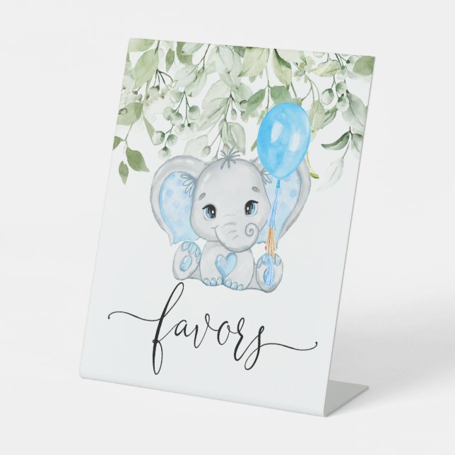 Cute Elephant Baby Shower Boy  Favors  Pedestal Sign (Front)