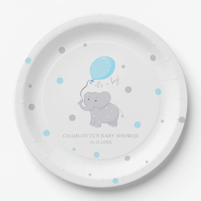 Cute Elephant Baby Shower Boy Paper Plates (Front)