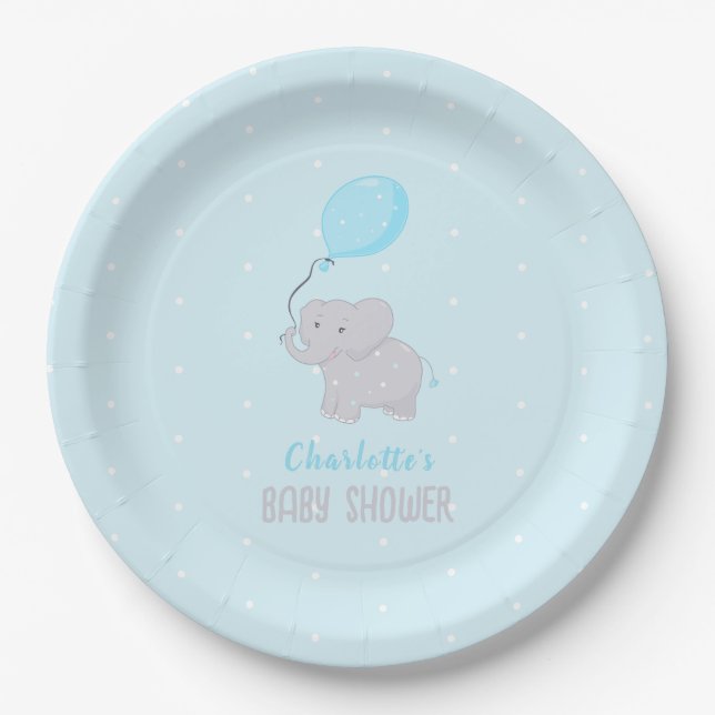 Cute Elephant Baby Shower Boy Paper Plates (Front)