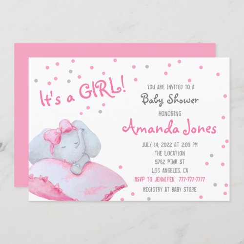 Cute Elephant Baby Shower Girl Invitation