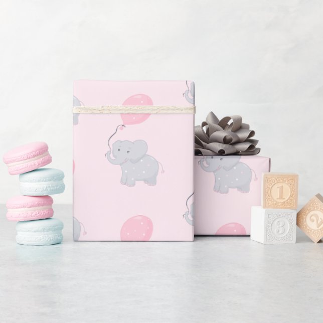 Cute Elephant Baby Shower Girl Pink Wrapping Paper (Baby Shower)