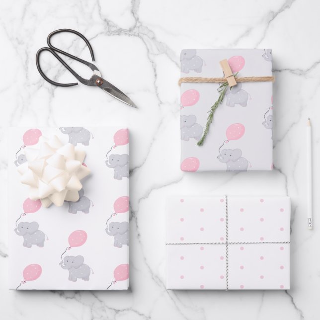 Cute Elephant Baby Shower Girl Wrapping Paper Sheets (Front)