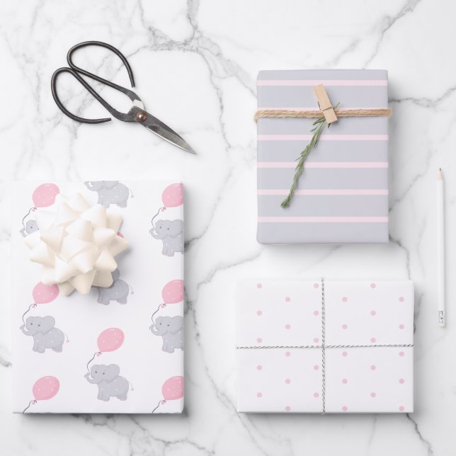 Cute Elephant Baby Shower Girl Wrapping Paper Sheets (Front)