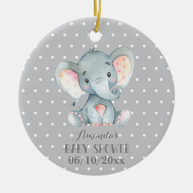 Cute Elephant Baby Shower Gray Ceramic Ornament (Front)
