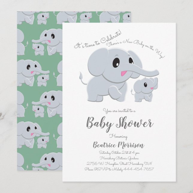 Cute Elephant Baby Shower Green Gender Neutral Invitation (Front/Back)