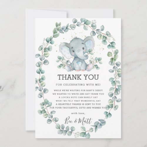 Cute Elephant Baby Shower Greenery Eucalyptus Boy Thank You Card