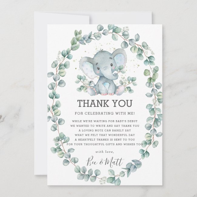 Cute Elephant Baby Shower Greenery Eucalyptus Boy Thank You Card