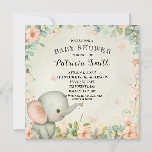 Cute Elephant Baby Shower Invitation
