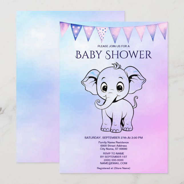 Cute Elephant Baby Shower Invitation (Front/Back)
