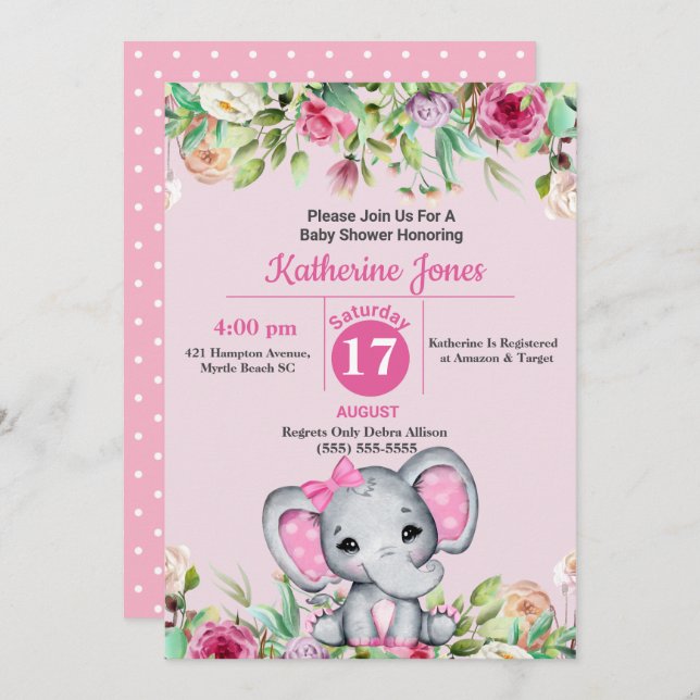 Cute Elephant Baby Shower Invitation (Front/Back)