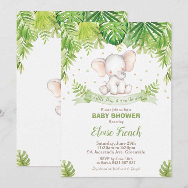 Cute Elephant Baby Shower Jungle Animals Boy Invitation (Front/Back)