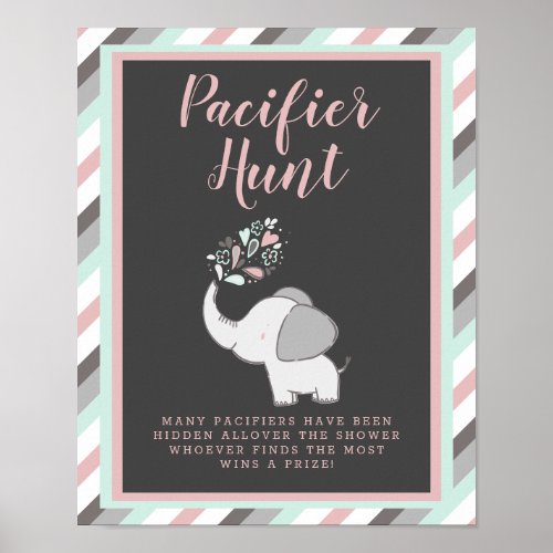 Cute Elephant Baby Shower Pacifier Hunt Game Sign