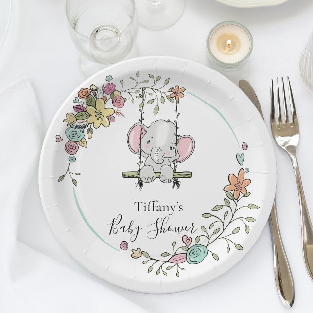 Cute Elephant Baby Shower Party Decor with Floral  Paper Plates (Creator Uploaded)