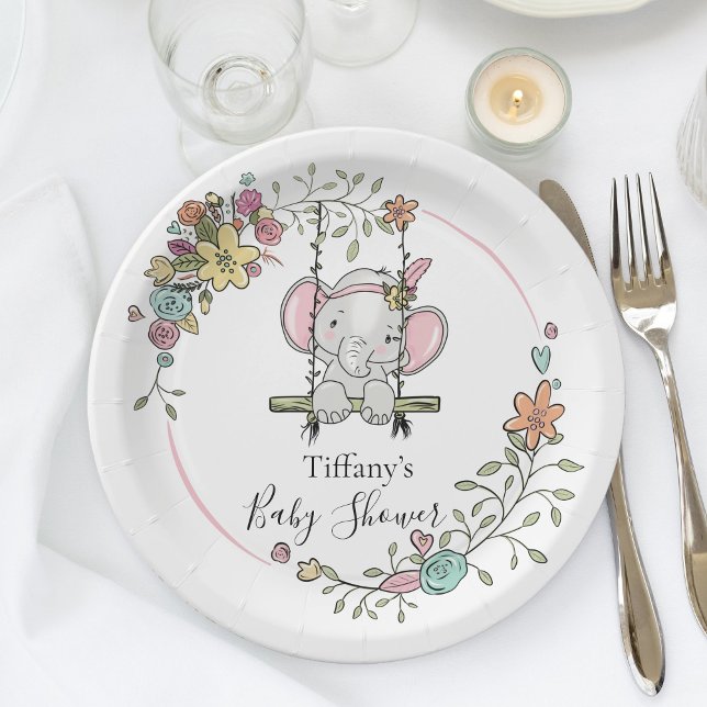 Cute Elephant Baby Shower Party Decor with Floral  Paper Plates (Creator Uploaded)