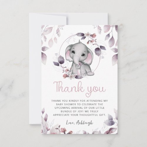 Cute Elephant Baby Shower Pink Violet Thank You Card