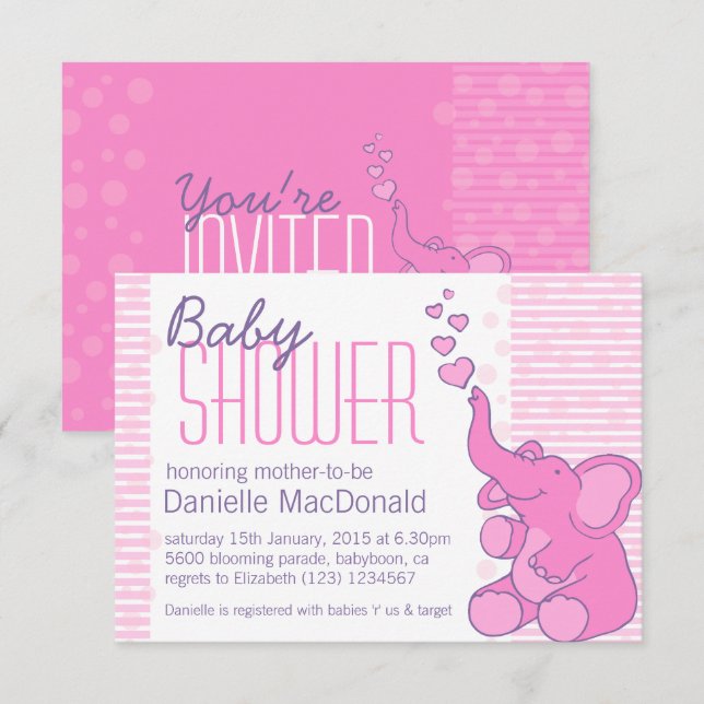 Cute Elephant baby shower pretty pink invitation (Front/Back)