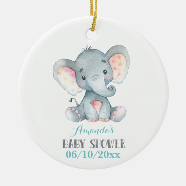 Cute Elephant Baby Shower Teal Aqua Turquoise Ceramic Ornament (Front)