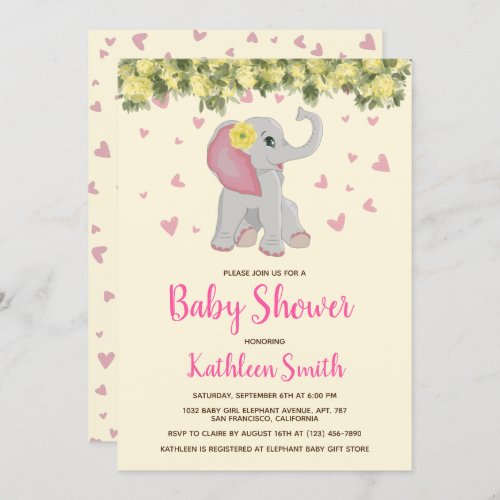Cute Elephant  Baby Shower Watercolor Floral Photo Invitation