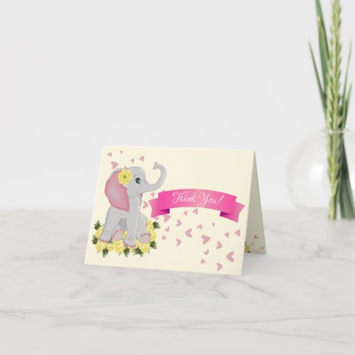 Cute Elephant Baby Shower Watercolor Yellow Roses Thank You Card