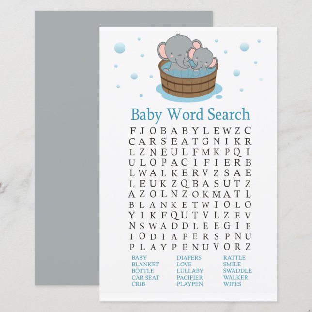 Cute Elephant Baby Shower Word Search Game (Front/Back)