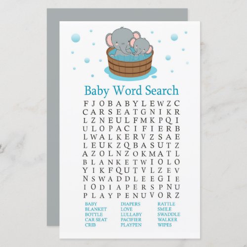 Cute Elephant Baby Shower Word Search Game