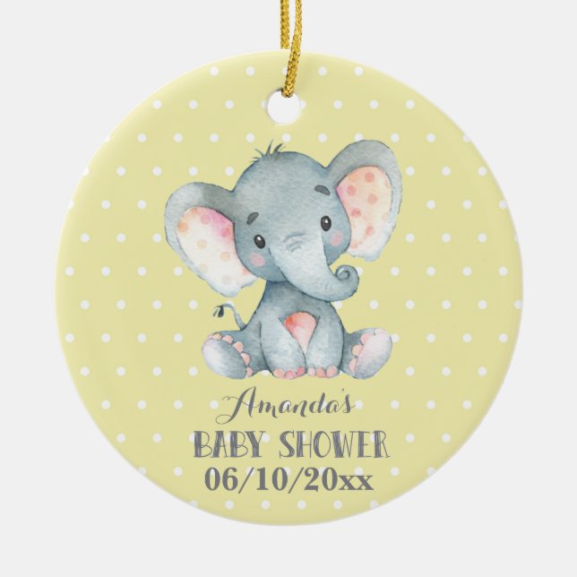 Cute Elephant Baby Shower Yellow and Gray Ceramic Ornament (Front)