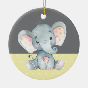 Cute Elephant Baby Shower Yellow Ceramic Ornament