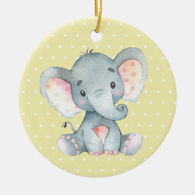 Cute Elephant Baby Shower Yellow Ceramic Ornament (Front)
