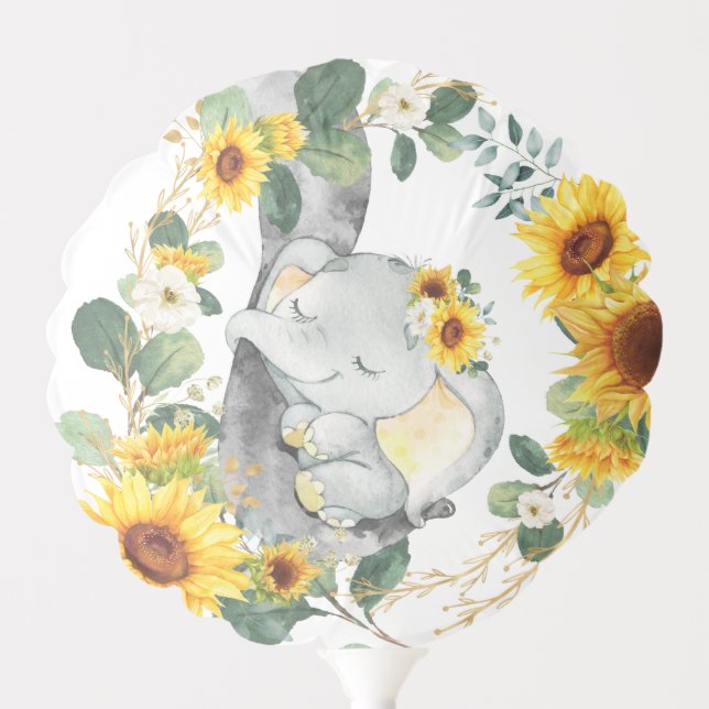 Cute Elephant Baby Sunflower Greenery 1st Birthday Balloon (Front)