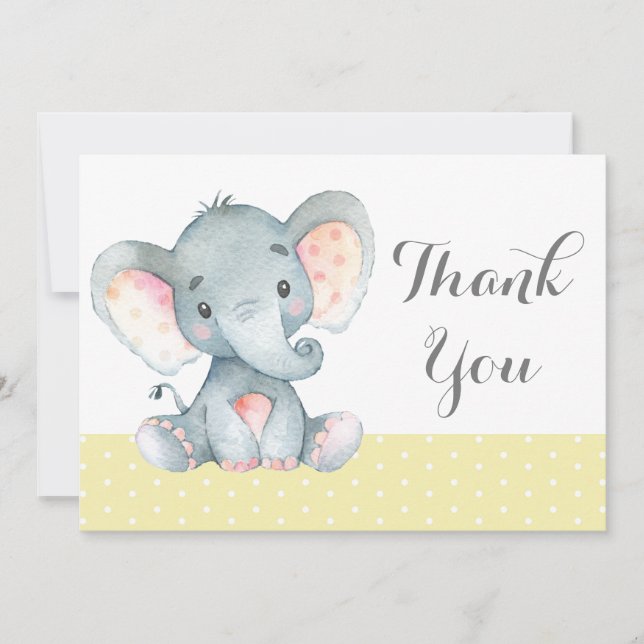 Cute Elephant Baby Yellow and Gray Thank You Card (Front)