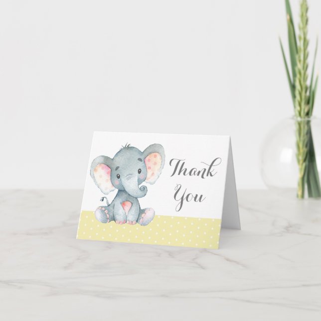 Cute Elephant Baby Yellow and Gray Thank You Card (Front)