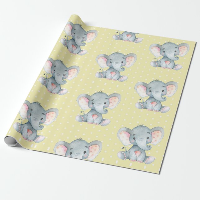 Cute Elephant Baby Yellow and Gray Wrapping Paper (Unrolled)