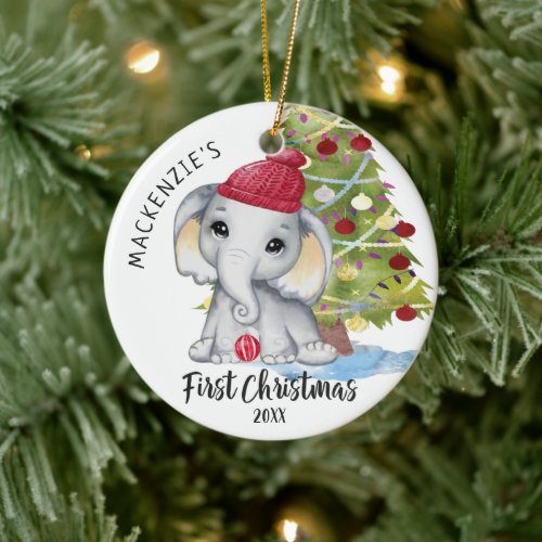 Cute Elephant Babys First Christmas Personalized Ceramic Ornament