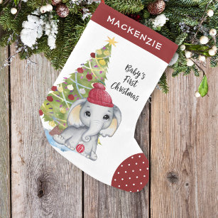 Cute Elephant BABY'S FIRST CHRISTMAS Red White Dot Small Christmas Stocking