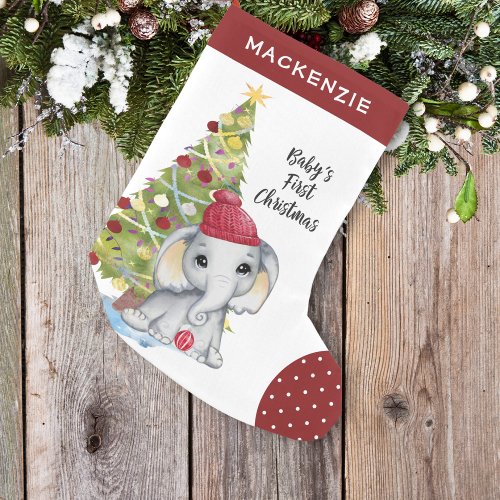 Cute Elephant BABYS FIRST CHRISTMAS Red White Dot Small Christmas Stocking