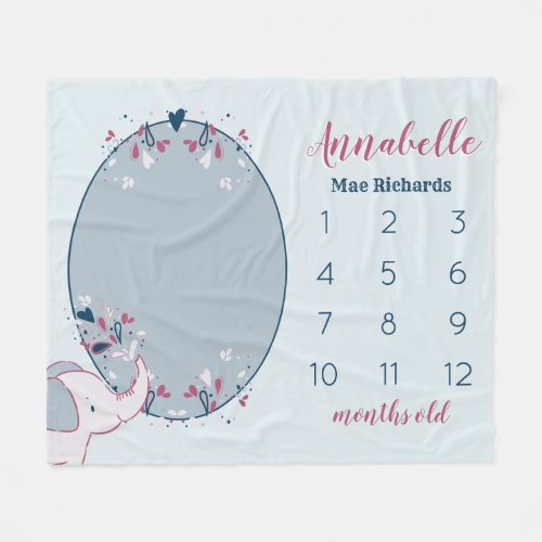 Cute Elephant Babys First Year Monthly Photo Fleece Blanket