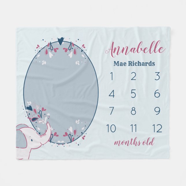 Cute Elephant Baby's First Year Monthly Photo Fleece Blanket (Front (Horizontal))
