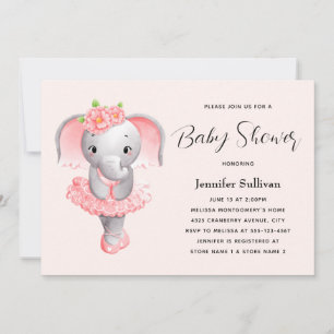 Cute Elephant Ballerina Pink & Gray Baby Shower Invitation