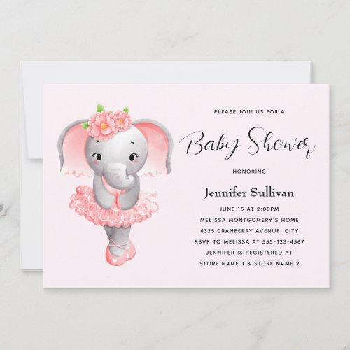 Cute Elephant Ballerina Pink  Gray Baby Shower Invitation