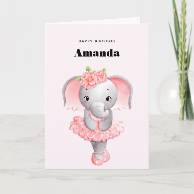Cute Elephant Ballerina Pink & Gray Birthday Card (Front)