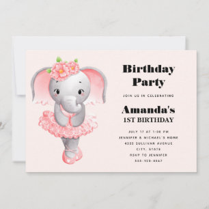 Cute Elephant Ballerina Pink & Gray Birthday Invitation