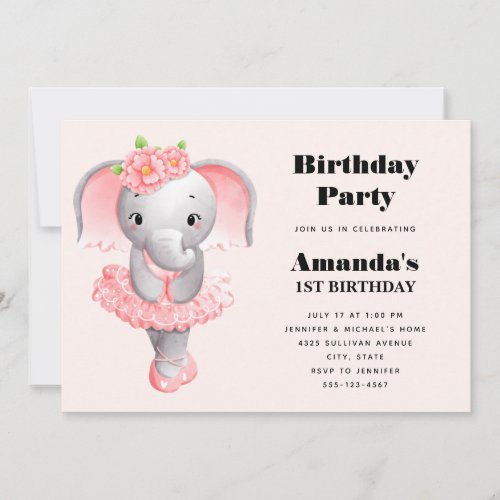 Cute Elephant Ballerina Pink  Gray Birthday Invitation