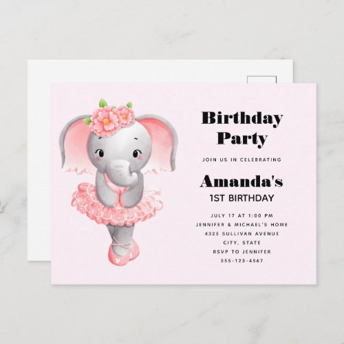 Cute Elephant Ballerina Pink  Gray Birthday Invitation Postcard