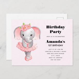 Cute Elephant Ballerina Pink & Gray Birthday Invitation Postcard